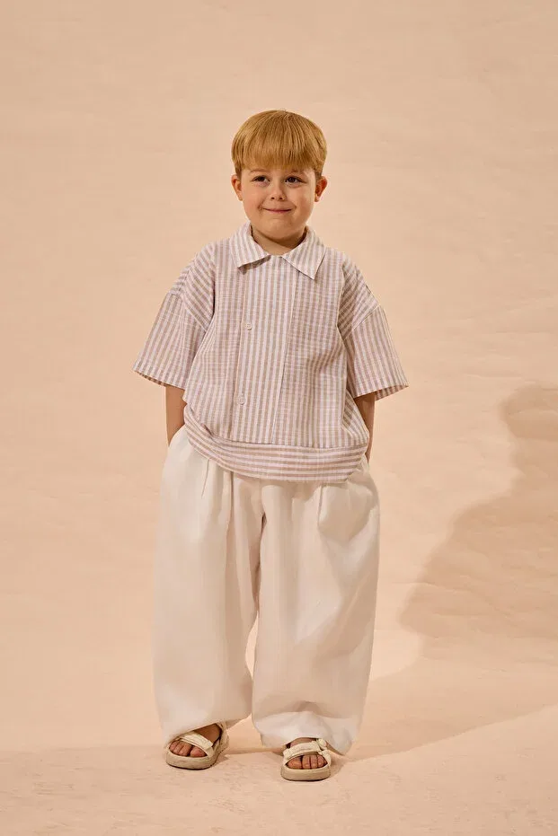 Детская рубашка для мальчиков в полоску Fahhar Kids, Beige — фото 4