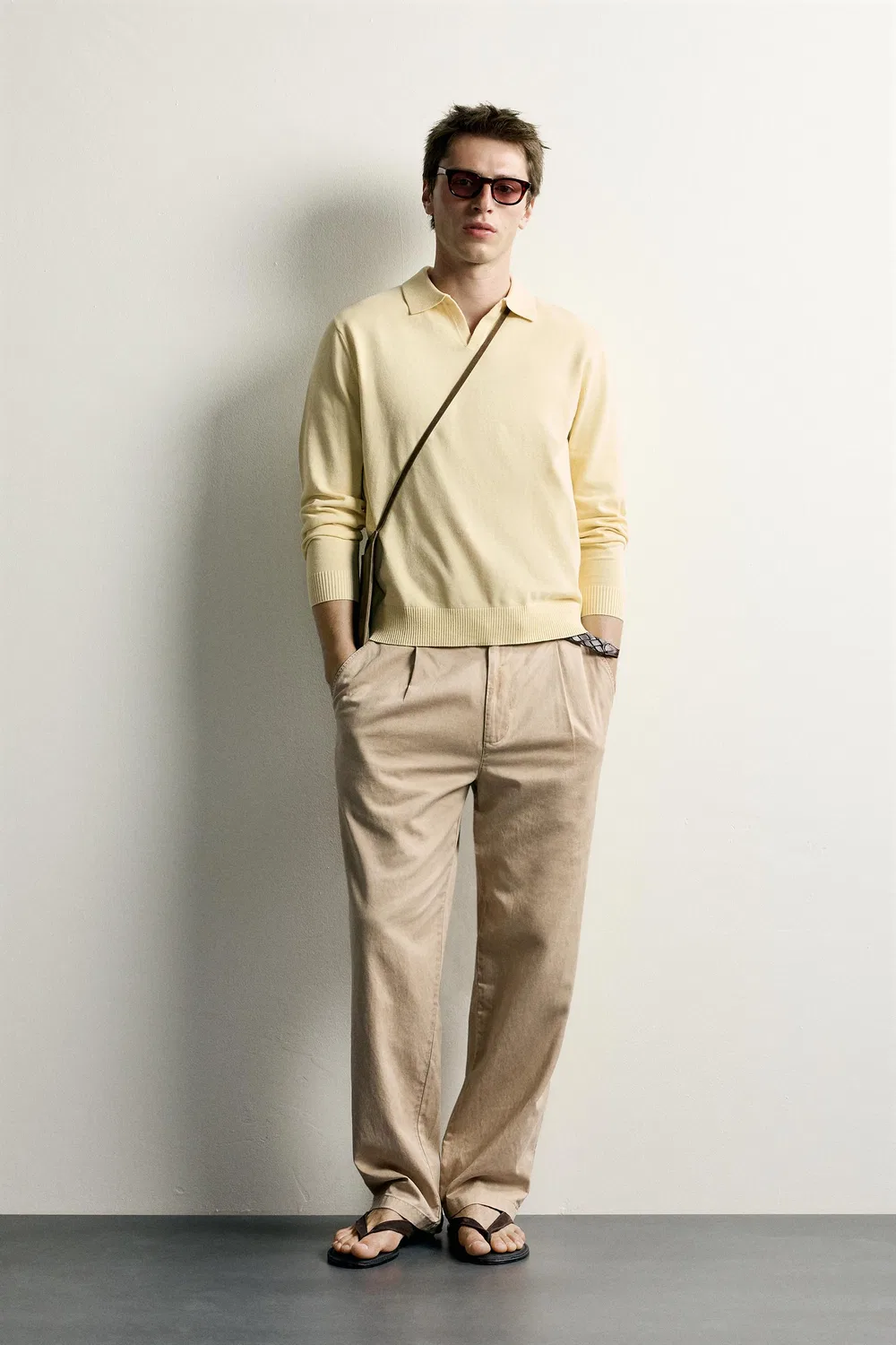 Поло из хлопка и льна, стандартного кроя, трикотажное. ZARA, Yellow