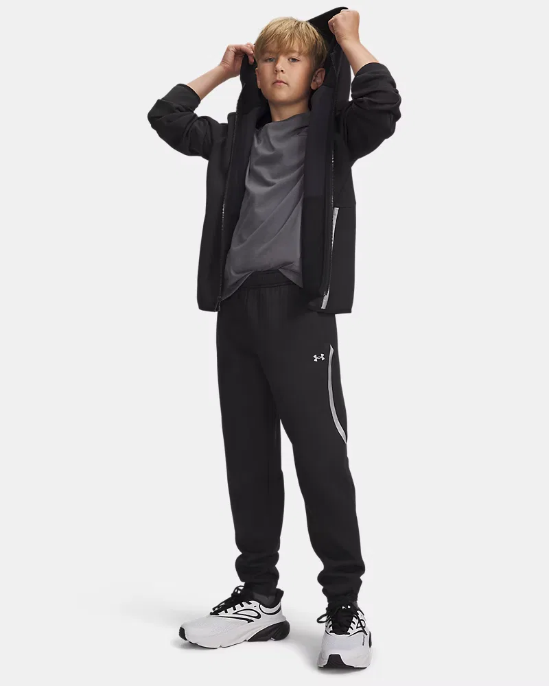 Детские джоггеры для мальчиков 63,5 см из мягкого двойного трикотажа UA Unstoppable Fleece UnderArmour, Ultimate Black/Silver Reflective — фото 3