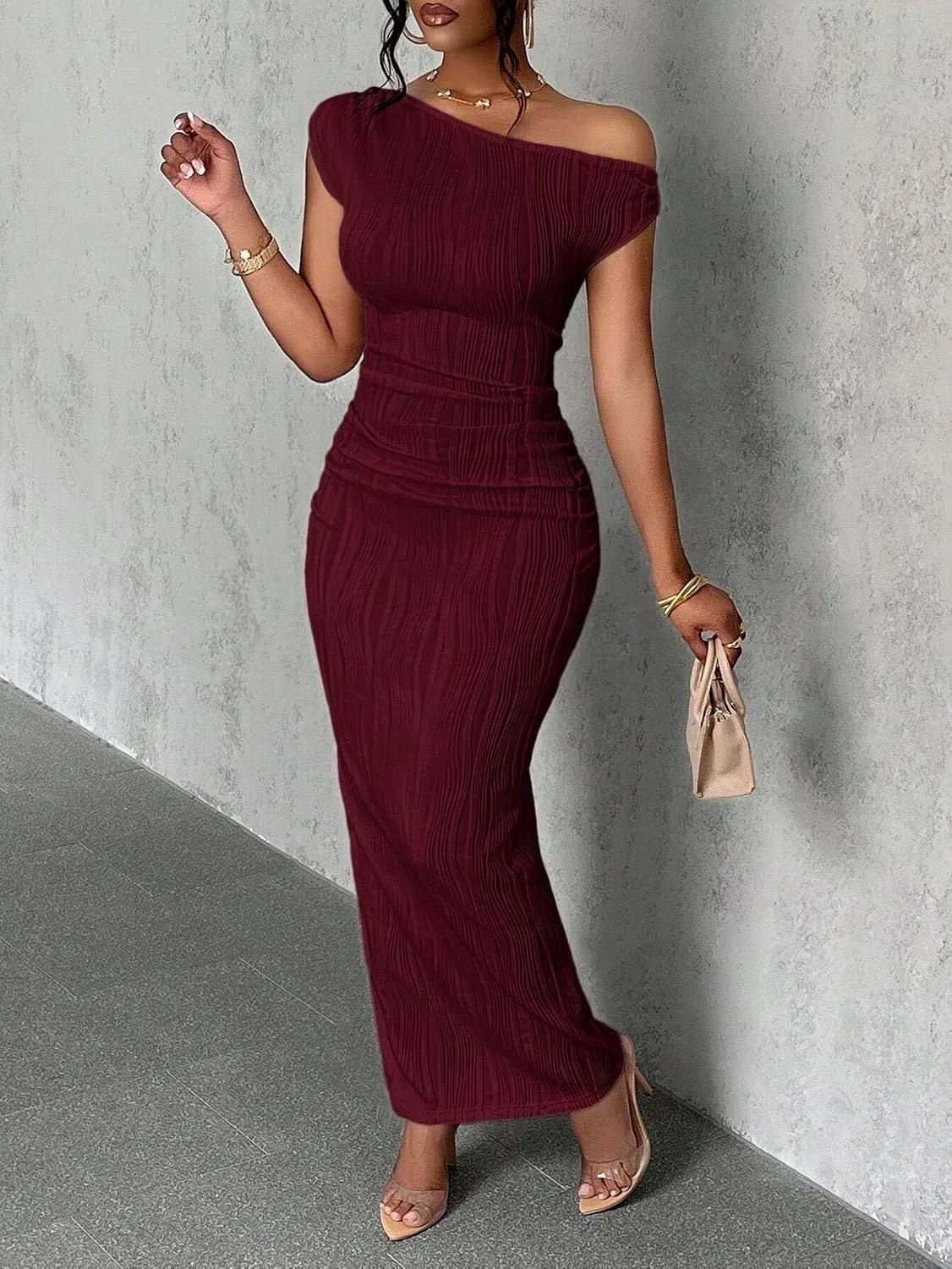 Женское элегантное макси-платье с одним плечом, Bodycon, Burgundy — фото 4