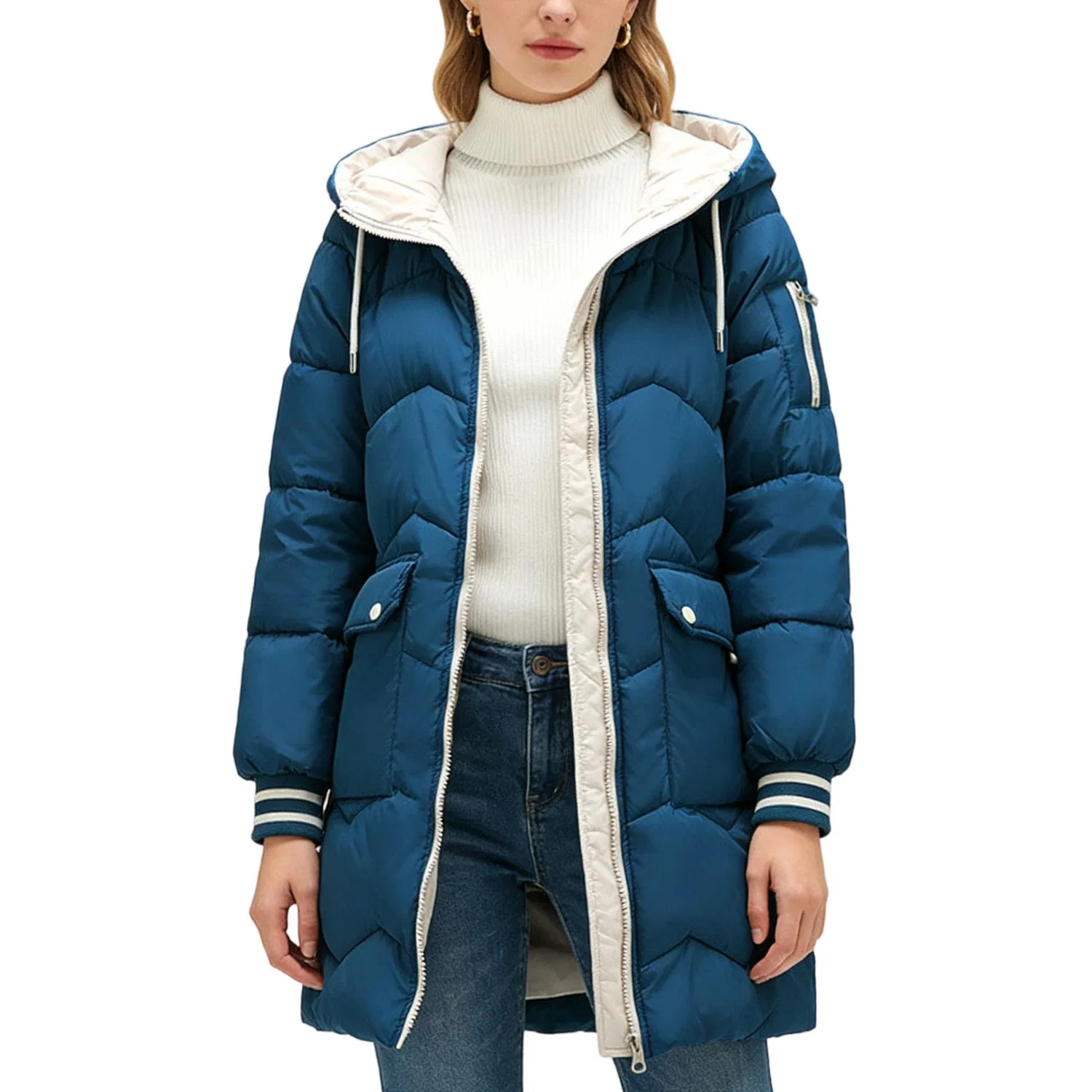 Женское длинное стеганое пальто с капюшоном, blue