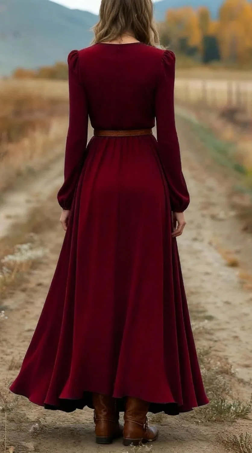 Женское платье V-образным вырезом Western Style Casual, Wine — фото 2