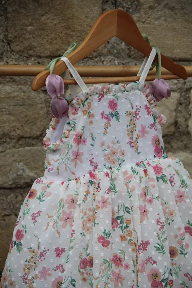 Детское платье для девочек с длинным рукавом Fleur floral patterned tulle dress Cumino, Ecru