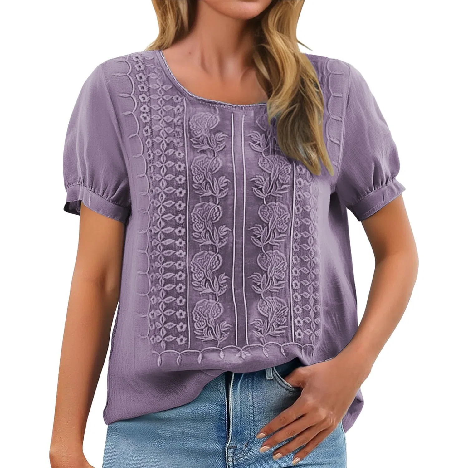 Женская блузка с вышивкой с коротким рукавом, Lilac