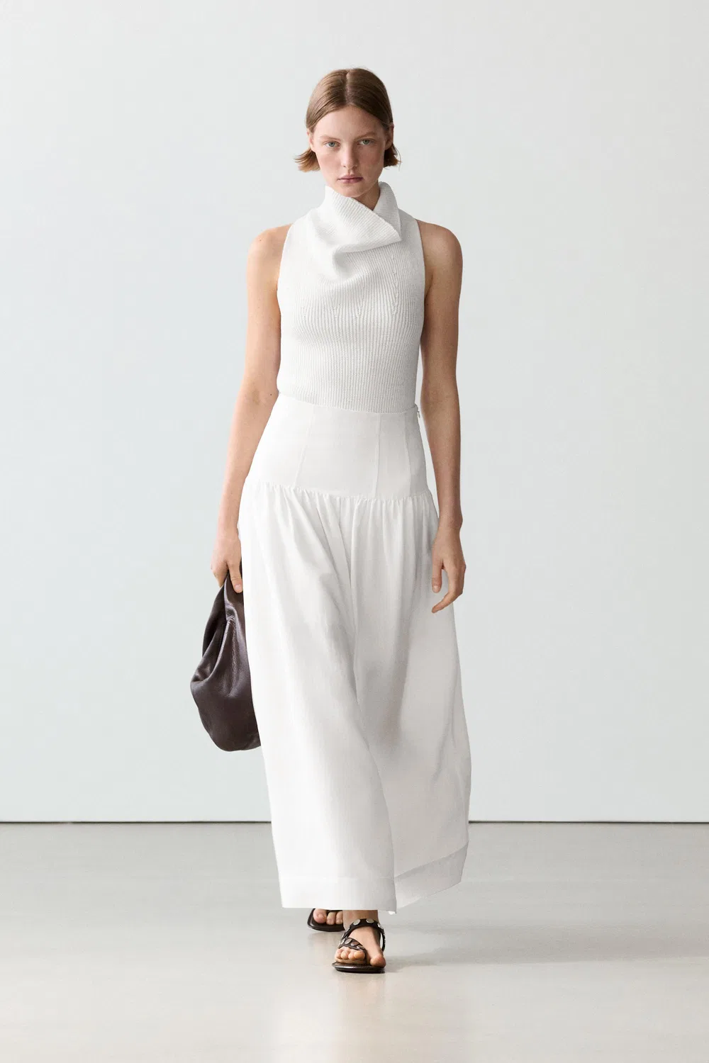 Юбка миди с кокеткой Massimo Dutti, белый