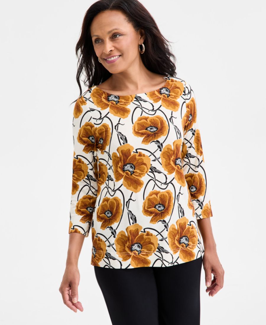 

Женская блузка с цветочным принтом, рукавами 3/4 и вырезом-лодочкой JM Collection, Whisper White Combo