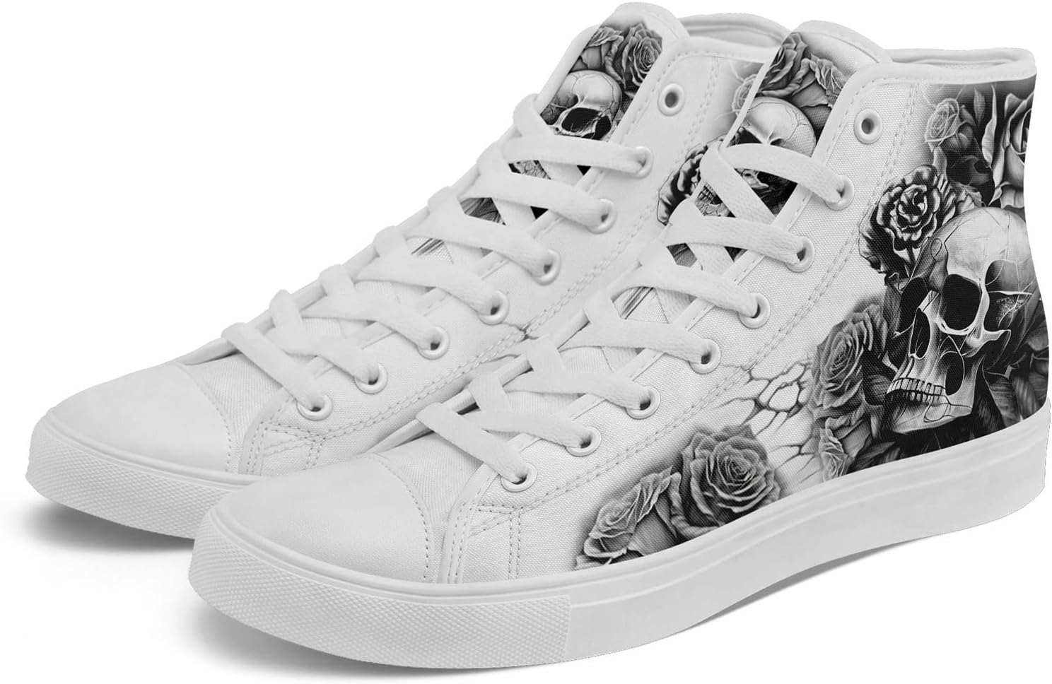 Крутые индивидуальные кроссовки Skull High Tops из холщовой ткани для мужчин и женщин, классические с шнуровкой, готический стиль, повседневные холщовые кроссовки Coolcustomize, белый/серый — фото 2