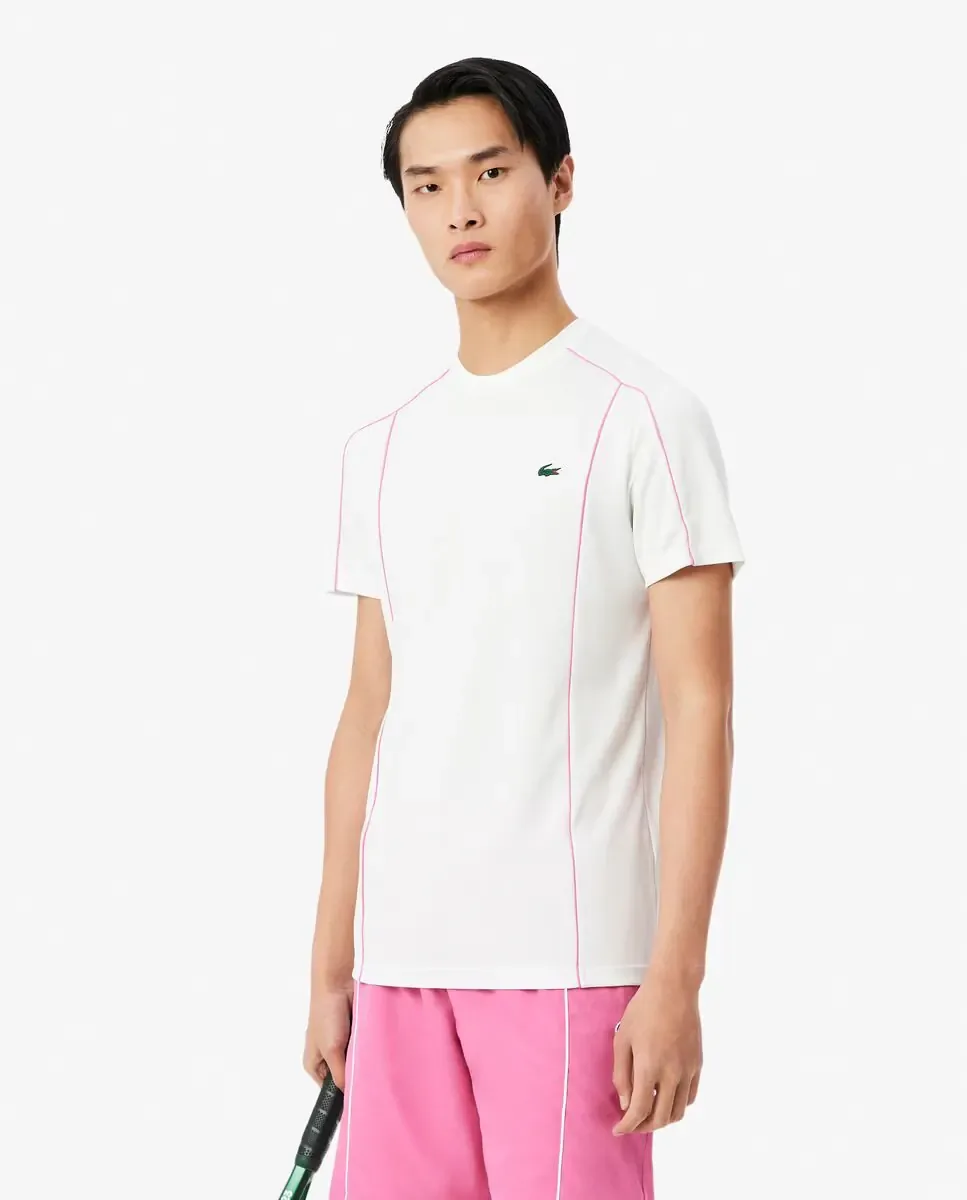 Lacoste Мужская спортивная футболка с контрастной отделкой Ultra-Dry белого цвета с коротким рукавом