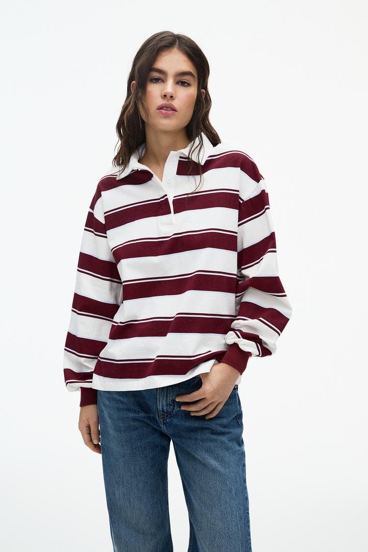

Футболка с длинным рукавом и воротником-поло Pull And Bear, бордовый