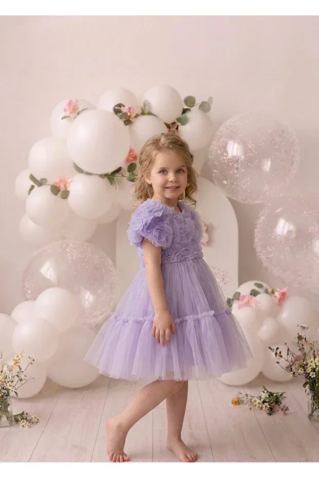 Детское платье для девочек с принтом Lilac 3d Rose Patterned Skirt with Ruffles at the Hem Graduation Special Occasion Girls' Dress Penu Baby Kids, Lilac — фото 2