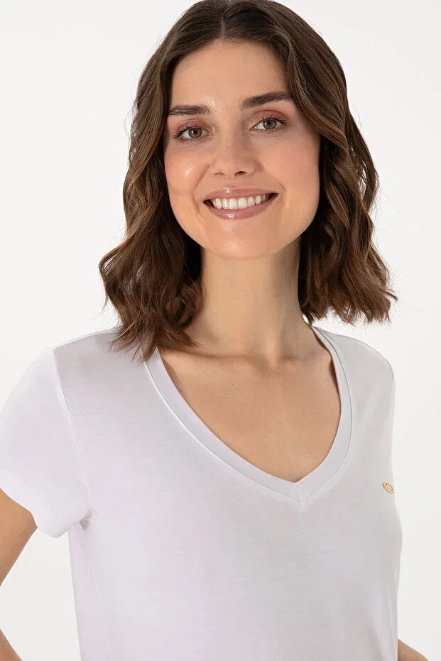 Женская хлопковая футболка с v-образным вырезом U.S. Polo Assn., White — фото 2