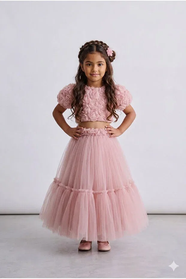 Детское платье для девочек кружевное Rose embossed girl's special occasion dress Perinin Dolabı, Pink