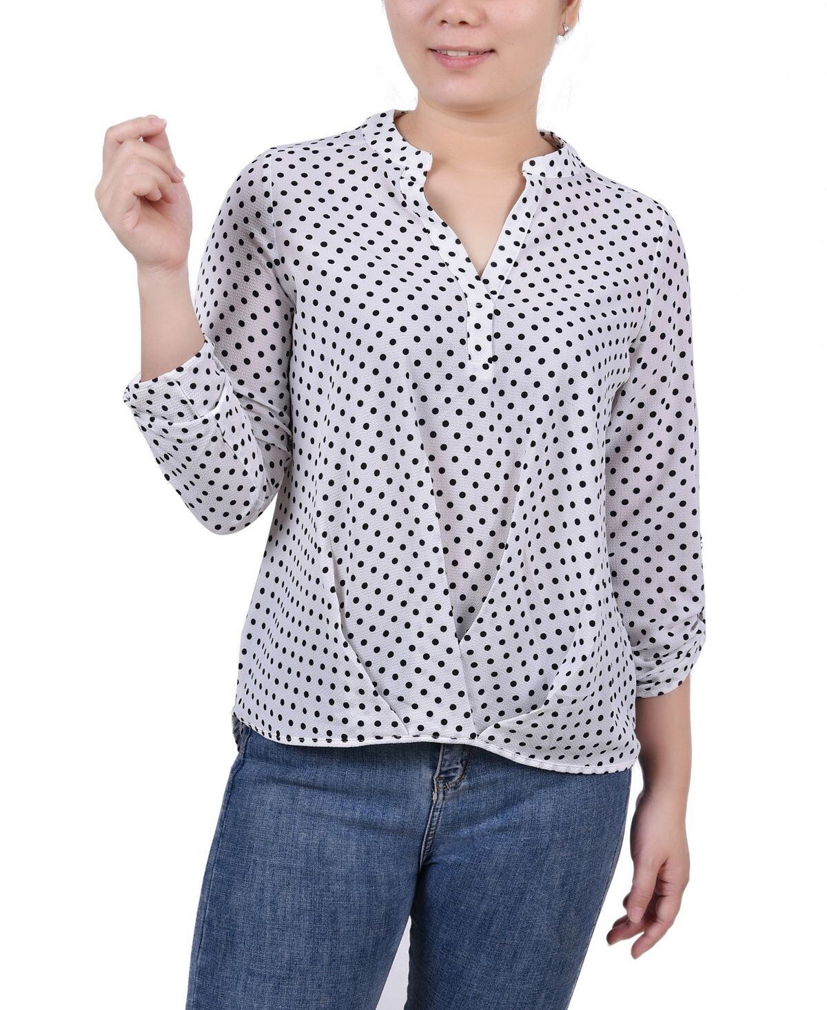

Блузка petite size 3/4 с пуговицами и воротником-стойкой со складками спереди NY Collection, мульти