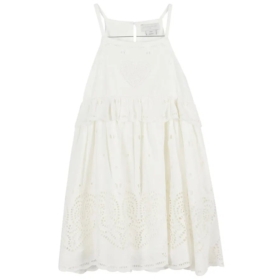 Платье с вышивкой бродери-англез и оборками Kids Broderie-Anglaise Ruffled Cotton Dress Stella McCartney, Ivory