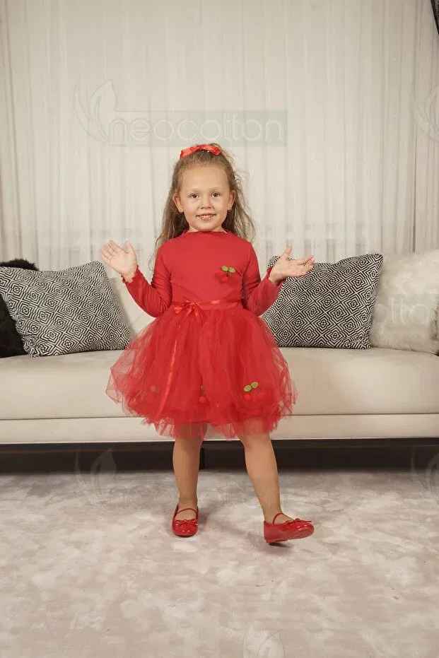 Детское платье для девочек хлопковое с аппликацией Tulle lined stretchy cherry dress Neocotton, Long-Red — фото 3