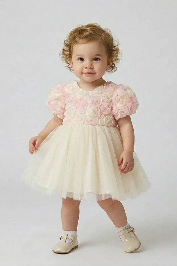 Детское платье для девочек с принтом Rose Detailed Bowknot Baby Evening Dress Cantoy, Ecru