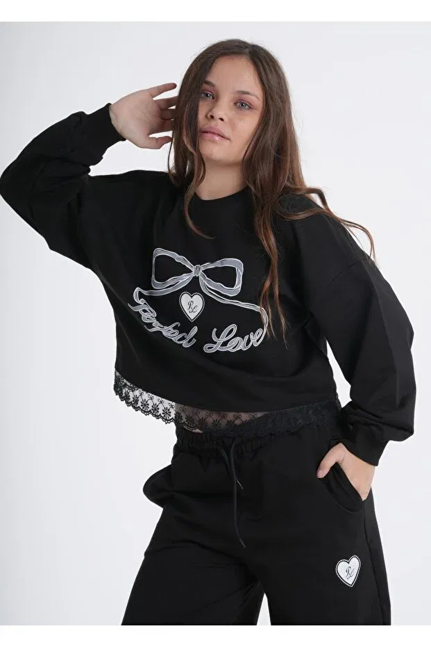 Детский комплект из футера с кружевными вставками Haykids, Black — фото 4