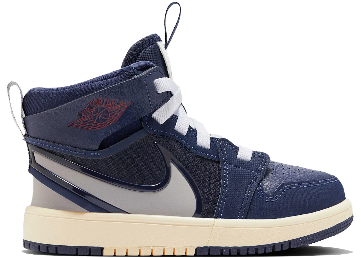 Детские кроссовки для мальчиков с повседневным стилем Jordan 1 Mid RM EasyOn Jordan, Midnight Navy/Varsity Red/Muslin/Atmosphere Grey
