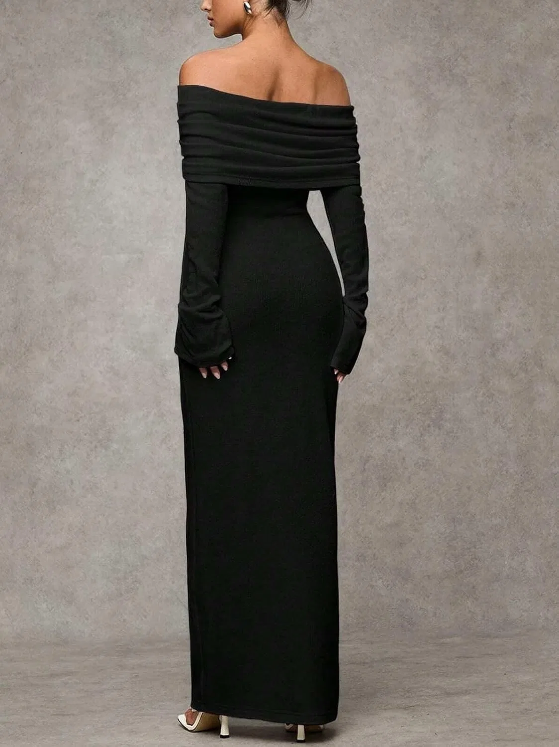 Женское облегающее платье макси с длинным рукавом офф-шолдер, Black — фото 2