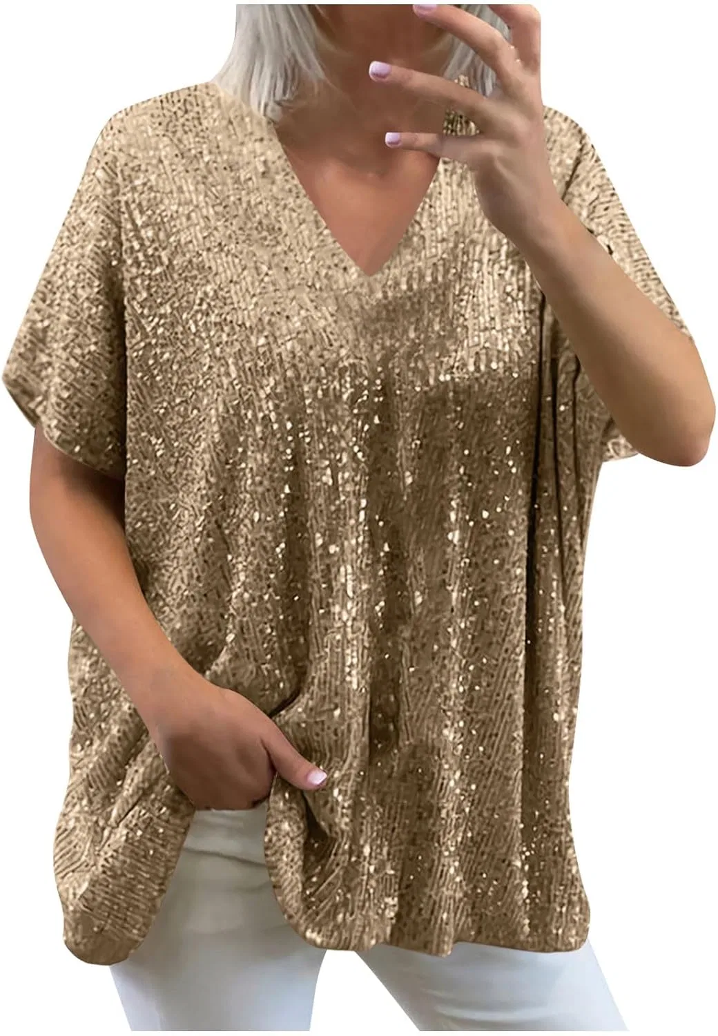 Женская свободная футболка с V-образным вырезом с блестками Oversized, Gold