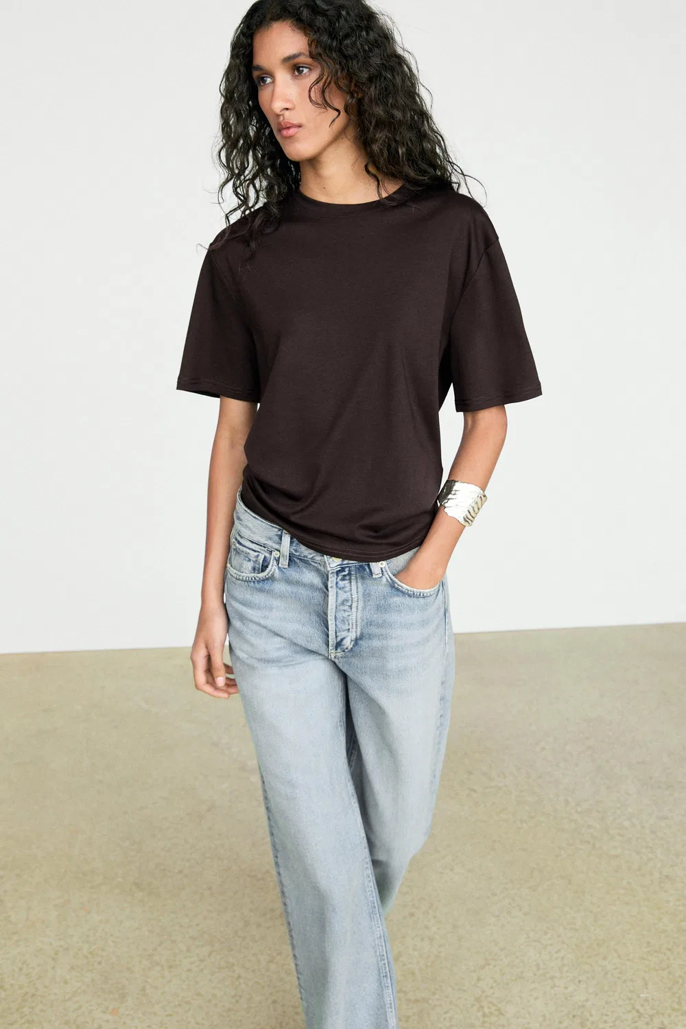 Футболка Massimo Dutti Oversize 100% Cotton Short Sleeve, коричневый