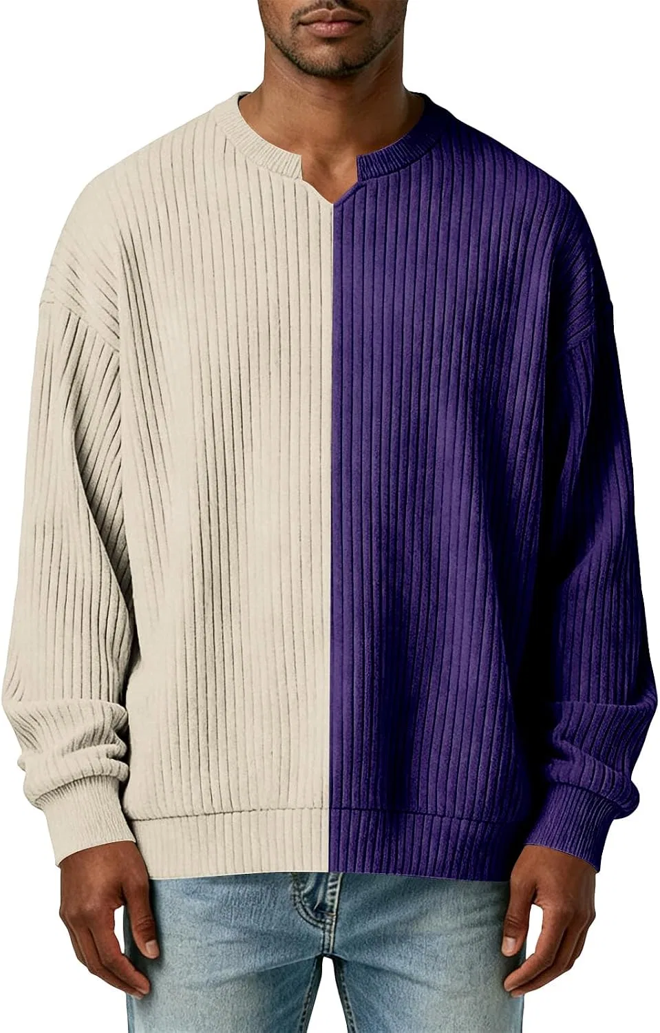 Мужской пуловер с V-образным вырезом и асимметричным воротником, Oversized, Retro, Light Purple — фото 2