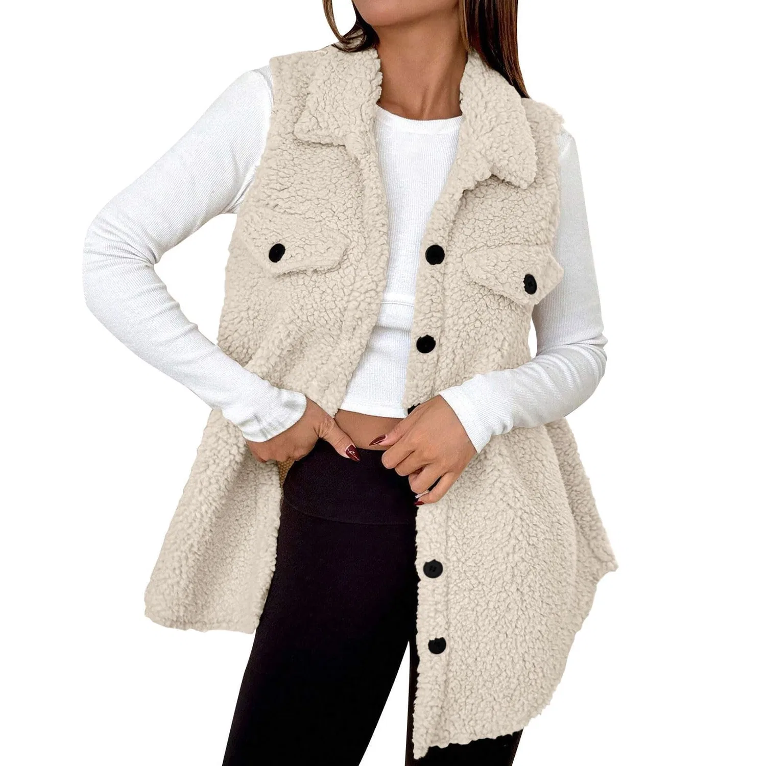 Женское пальто без рукавов из флиса Sherpa с воротником, Beige