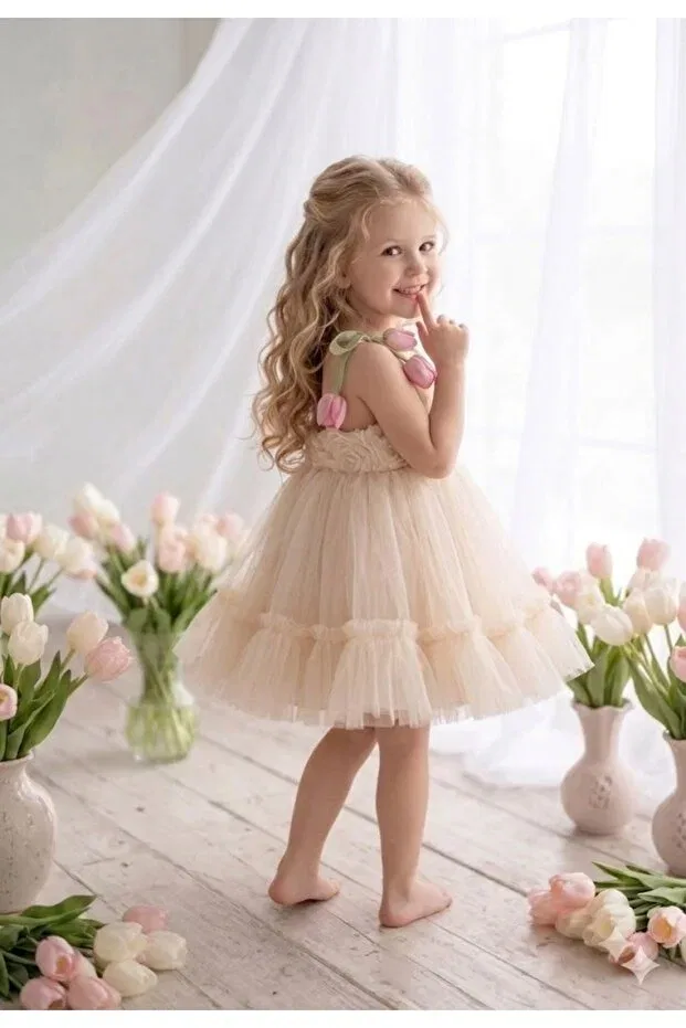 Детское платье для девочек с открытыми плечами Sweetme, Ecru — фото 3