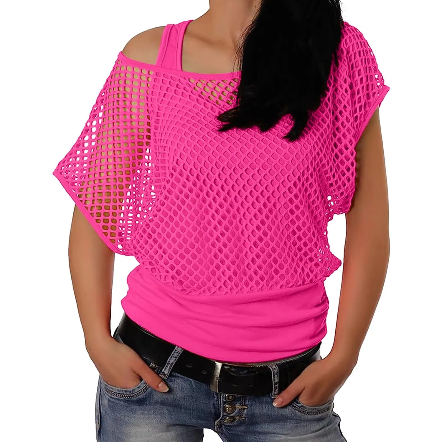 Женская футболка с открытыми плечами SexyFluo 80s Top, Hot Pink