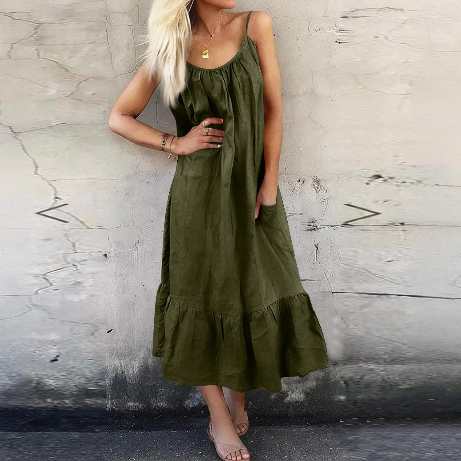 Женское платье-трапеция на бретелях с рюшами, Summer Dress, армейский зелёный — фото 2