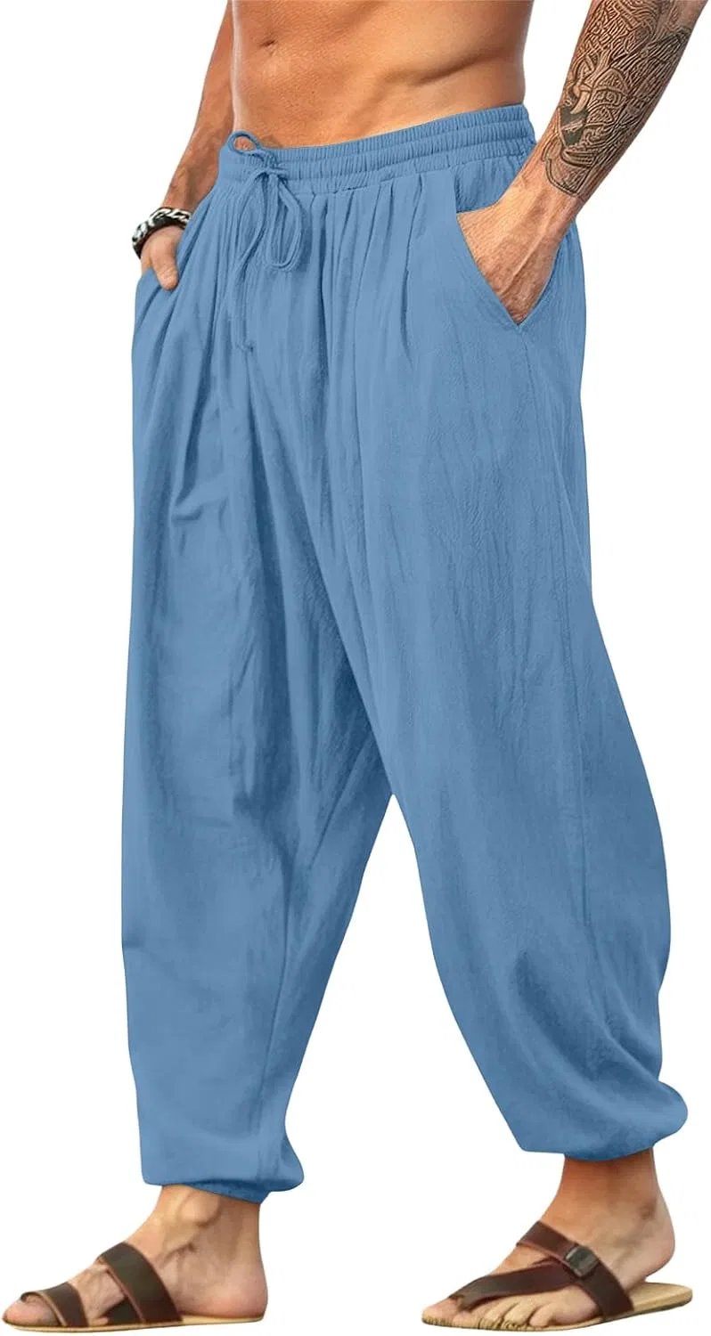 Мужские брюки свободного кроя с эластичным поясом, модель Cotton Linen Pants, голубой — фото 3