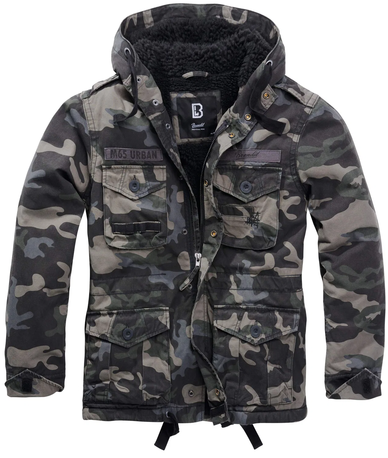 Мужская зимняя куртка M65 с капюшоном Brandit Vintage Diamond Schwarz Teddyfutter, Dark Camouflage