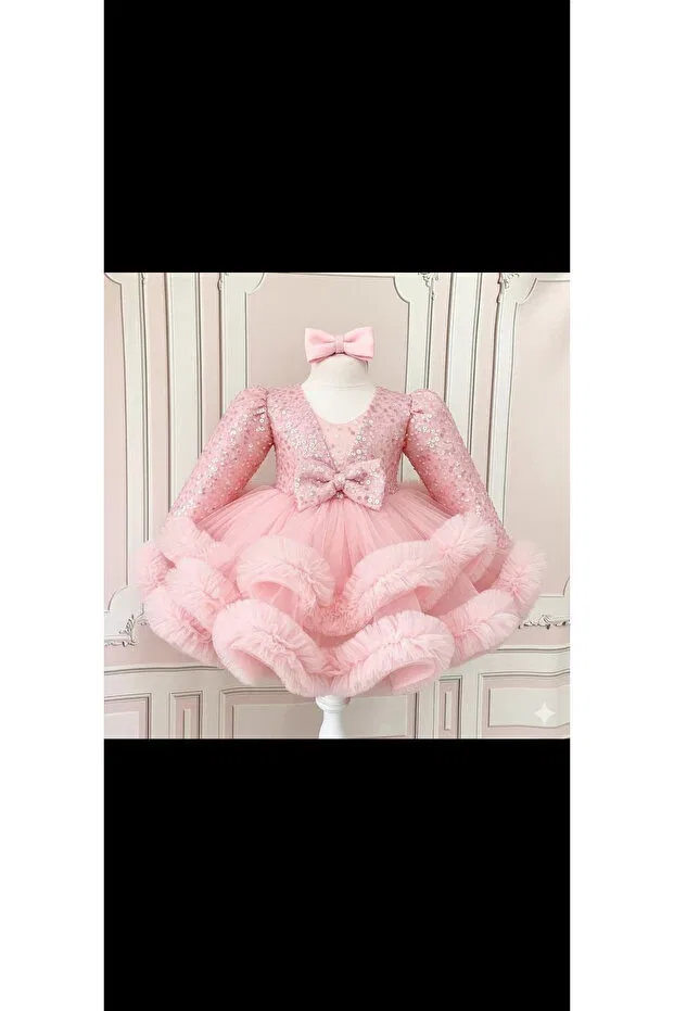 Детское платье для девочек с пайетками Beaded Long-Sleeved Skirts with Ruffles Girls' Special Day Birthday Trend Ilknur Karaca Design, Pink