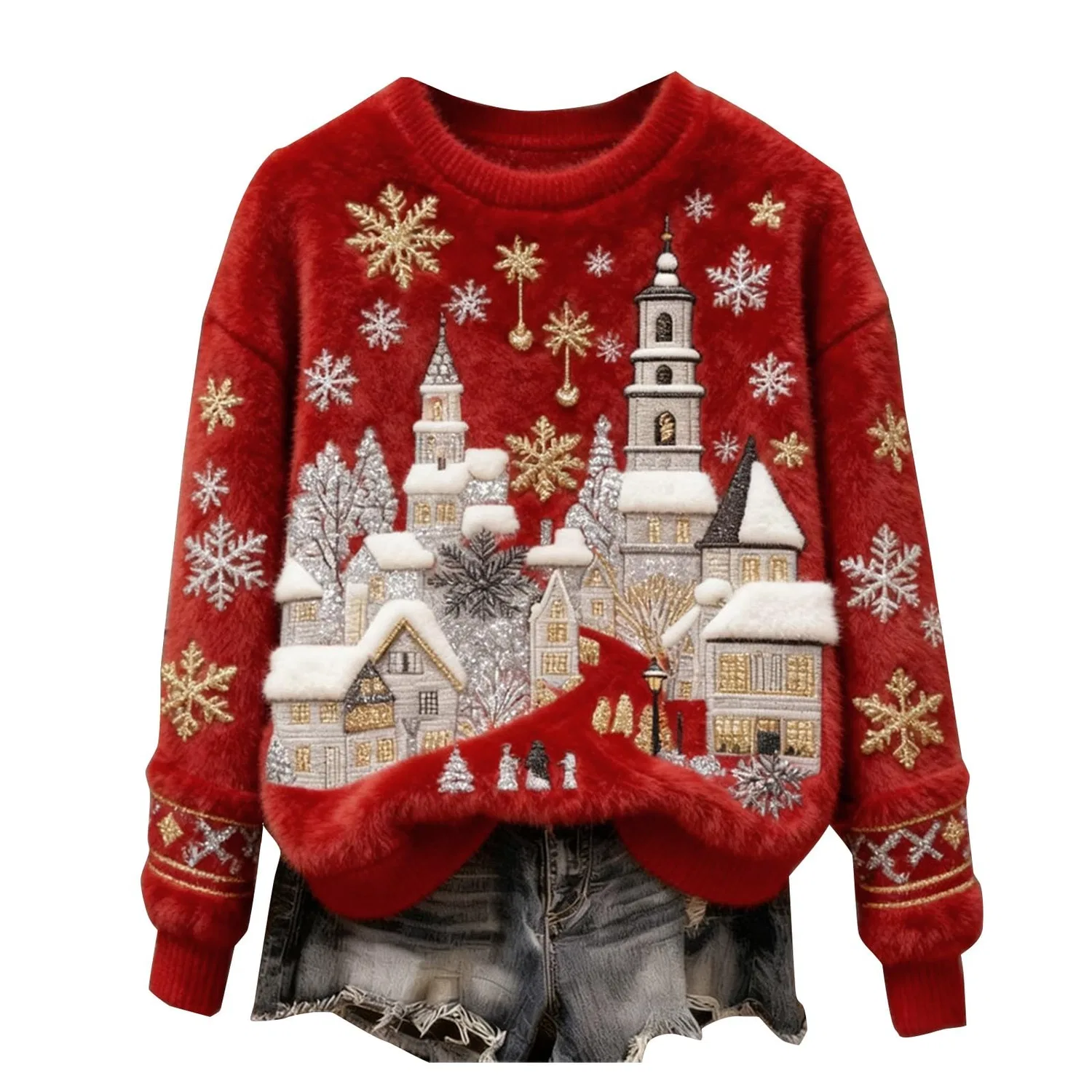 Женский свитшот с принтом Christmas City, фланелевый, теплый пуловер, Red