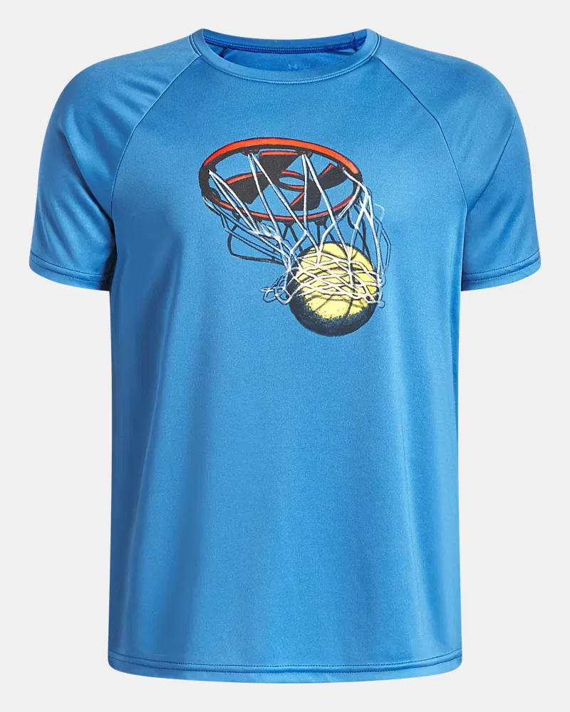 Футболка баскетбольная с коротким рукавом, быстросохнущая, UA Tech Basketball, UnderArmour, Aegean Blue/White