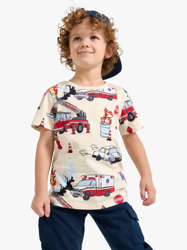 

Детская футболка с принтом строительной техники из хлопка Lindex, Light Beige