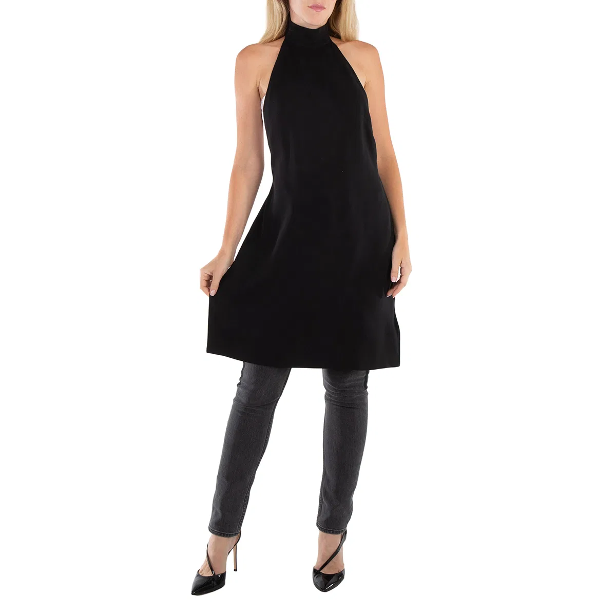 Платье для коктейля и вечеринок без рукавов с воротником-хомут Ladies Black Silk Bib Funnel-Neck Sleeveless Dress Burberry, Black