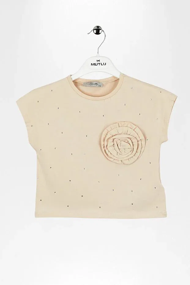 Детская футболка для девочек с принтом Floral Appliqué Stone Embroidered Mutlu Kids, Beige — фото 2