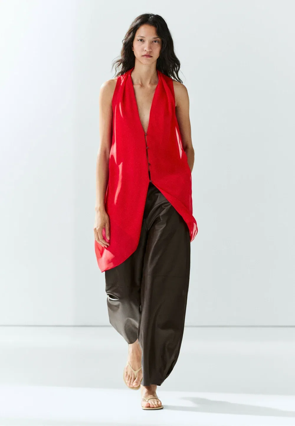 Полупрозрачная блузка из 100% шелка - на пуговицах Massimo Dutti, Red — фото 2