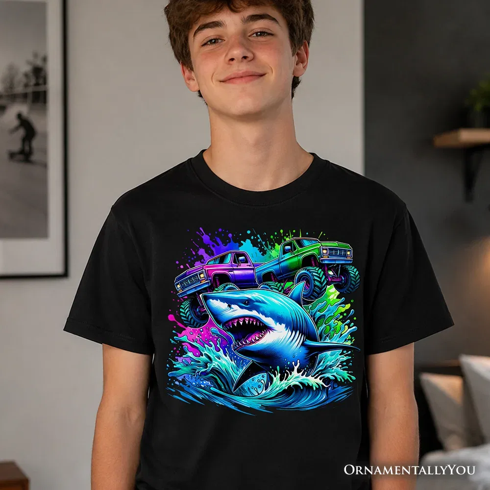 Детская футболка для мальчиков с принтом Trucks Shark OrnamentallyYou, черный — фото 4