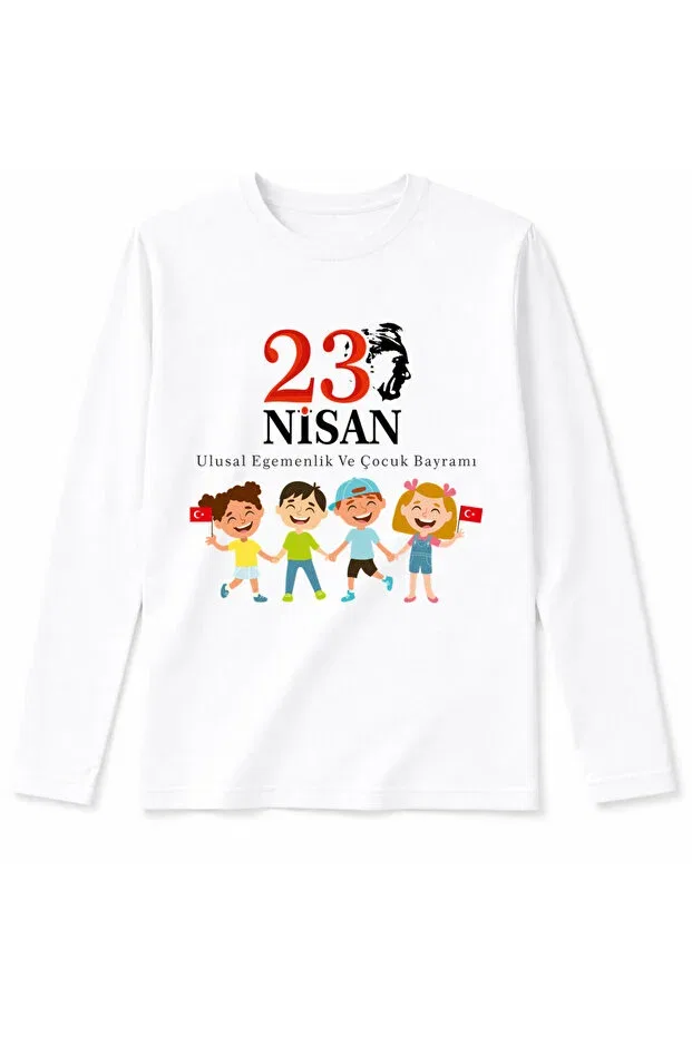 Детская футболка для девочек с длинным рукавом Hand In Hand 4 Children On Top Ataturk 23 April Printed Cotton Efendioğlu Design, White