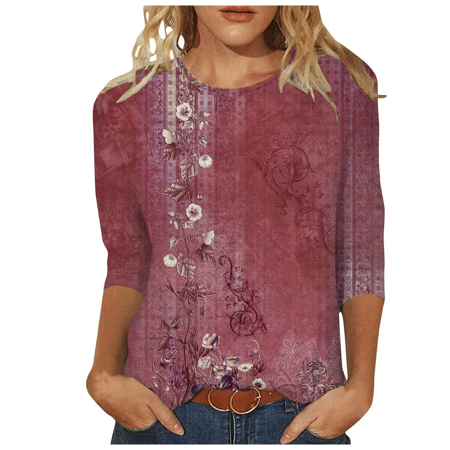 Женская футболка с принтом Plus Size T-Shirts 3/4 Sleeves, Red #3