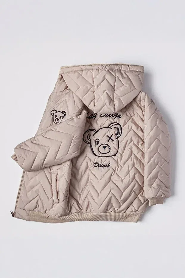 Детское пальто для девочек с принтом Bear Karakter Printed Minigimin Cicileri, Brown