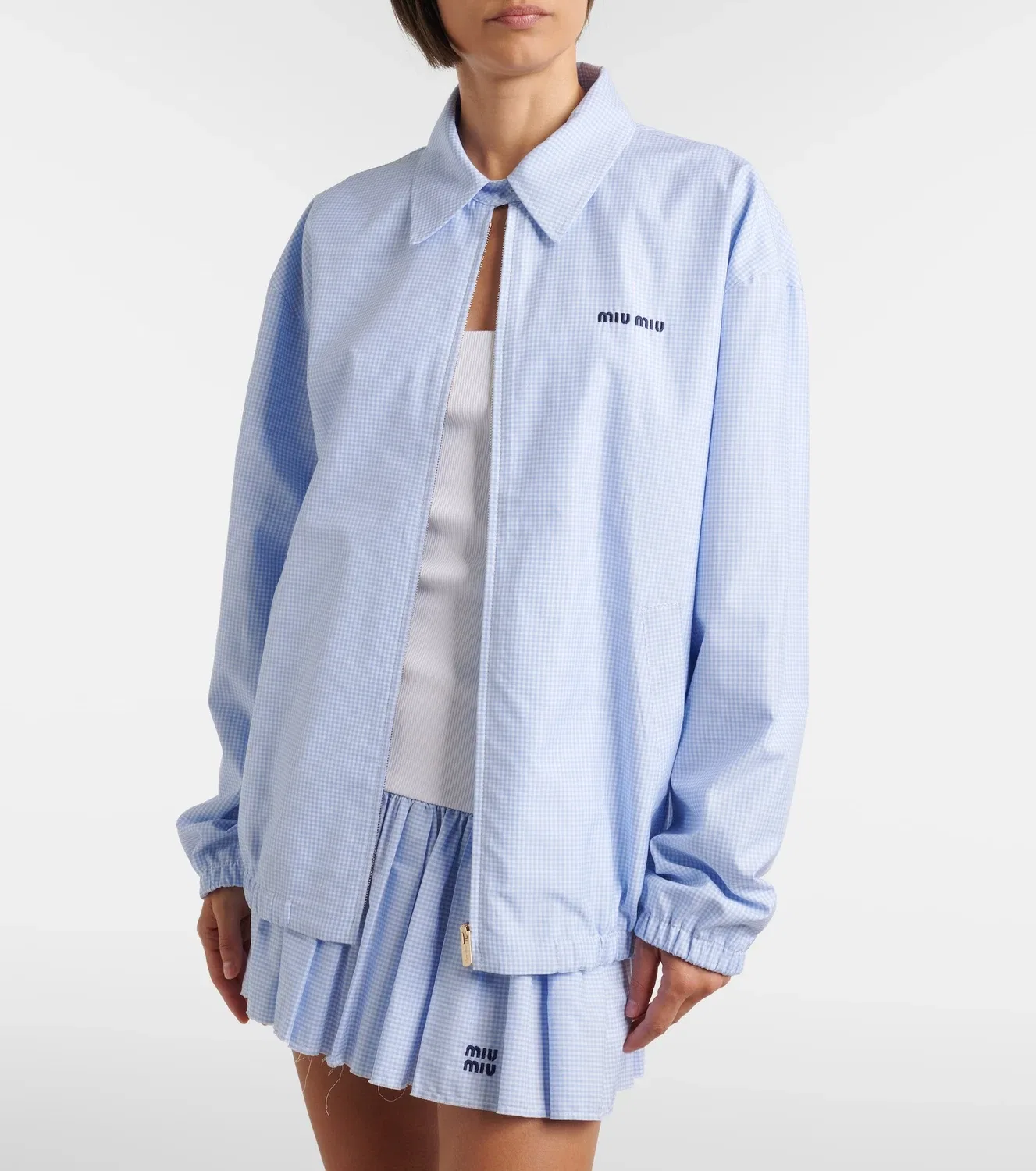 Куртка-блузон из хлопковой ткани в клетку логотип MIU MIU, синий — фото 2