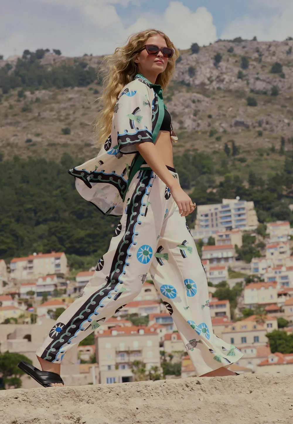 Брюки из атласной саржи стандартного кроя Next, White Blue Green Abstract Border Print — фото 4