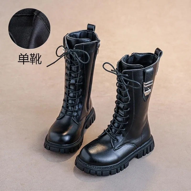 Детские ботинки для девочек на шнуровке с молнией, с принтом, Military Boots, Black — фото 2