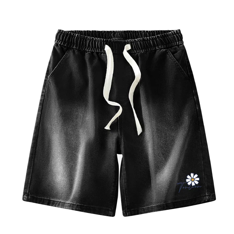 Детские джинсовые шорты свободного кроя с принтом Daisy Logo Tonlion, Dark Grey