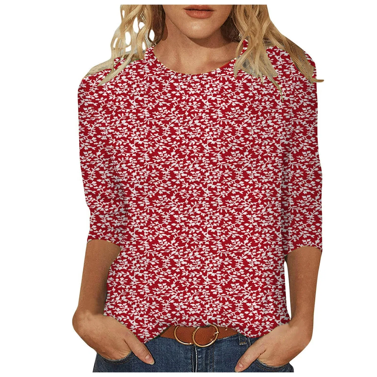 Женская блуза с цветочным принтом Plus Size T-Shirts 3/4 Sleeves, Red #5