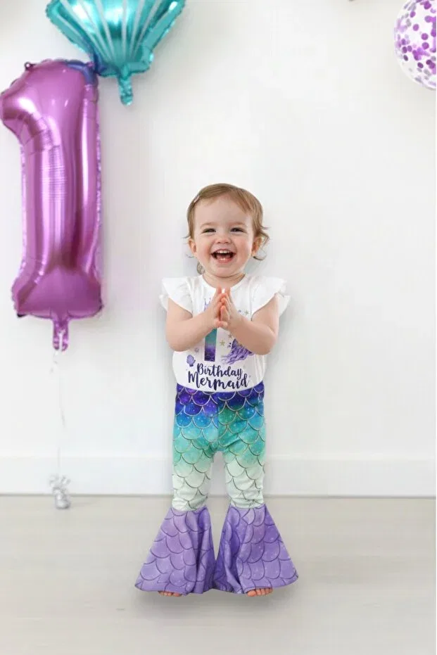 Детский комплект для девочек с принтом Mermaid Themed Birthday Tights Set My Kids Wear, White-Multicolor — фото 2