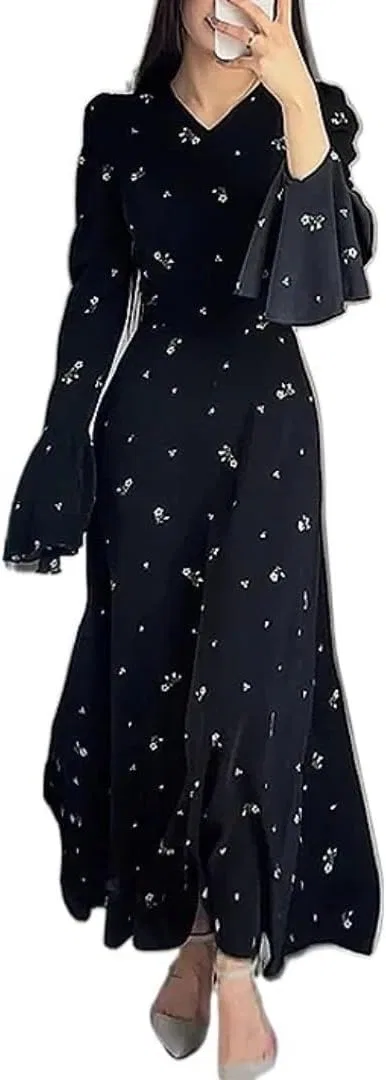 Женское платье макси с V-образным вырезом Patchwork, Black
